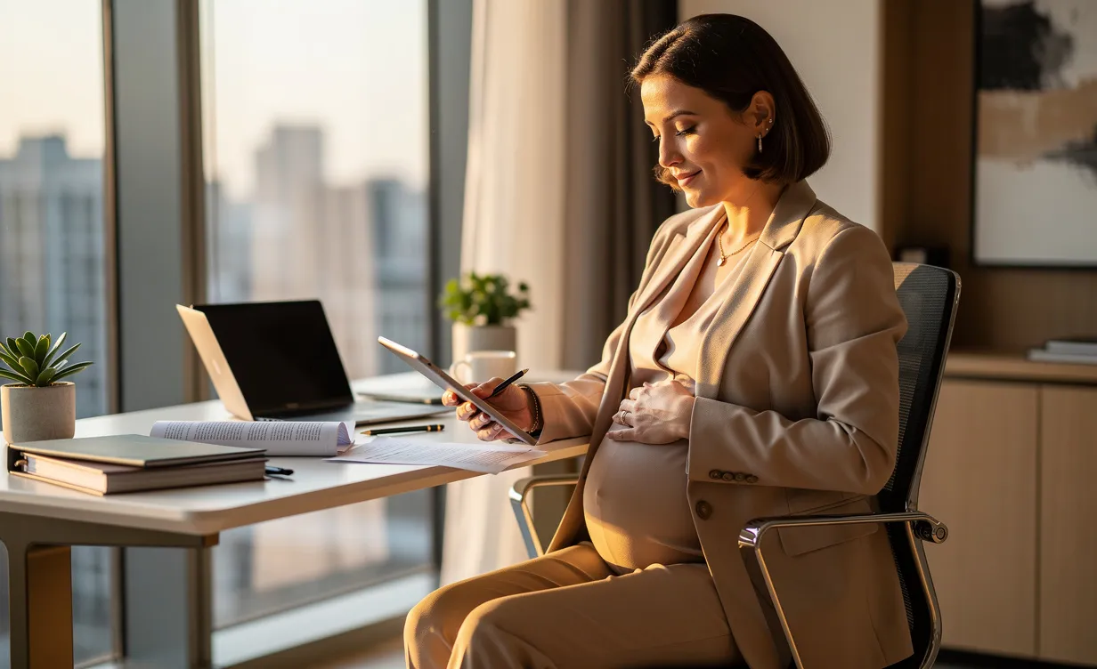 Une femme enceinte assise à son bureau examine des documents et une tablette dans un bureau lumineux.