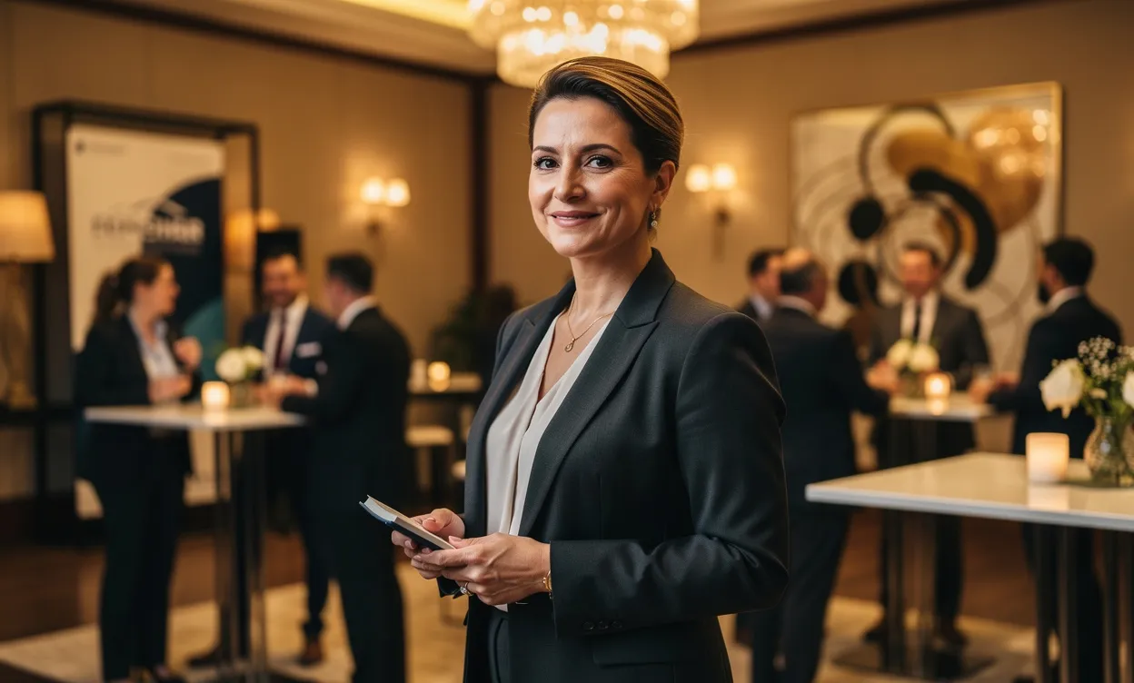 Une femme d'affaires debout au centre d’un événement professionnel élégant, entourée d’une décoration raffinée et d’un éclairage chaleureux.