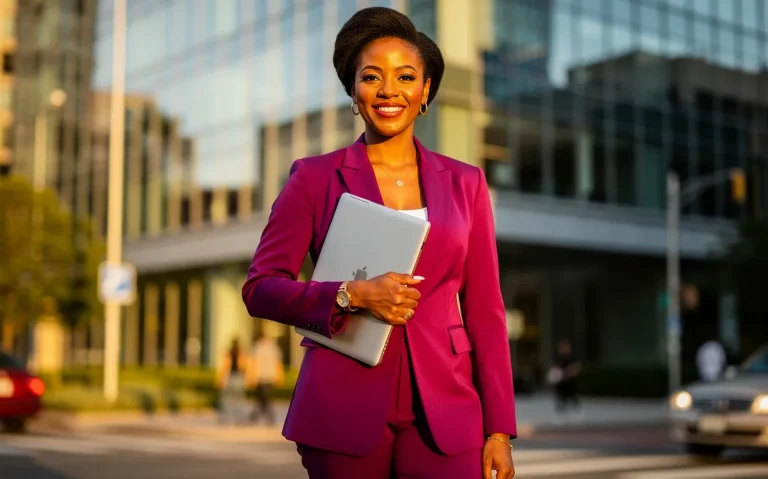 Une femme entrepreneure africaine souriante tient un ordinateur portable devant un immeuble moderne, éclairée par la lumière du soleil.