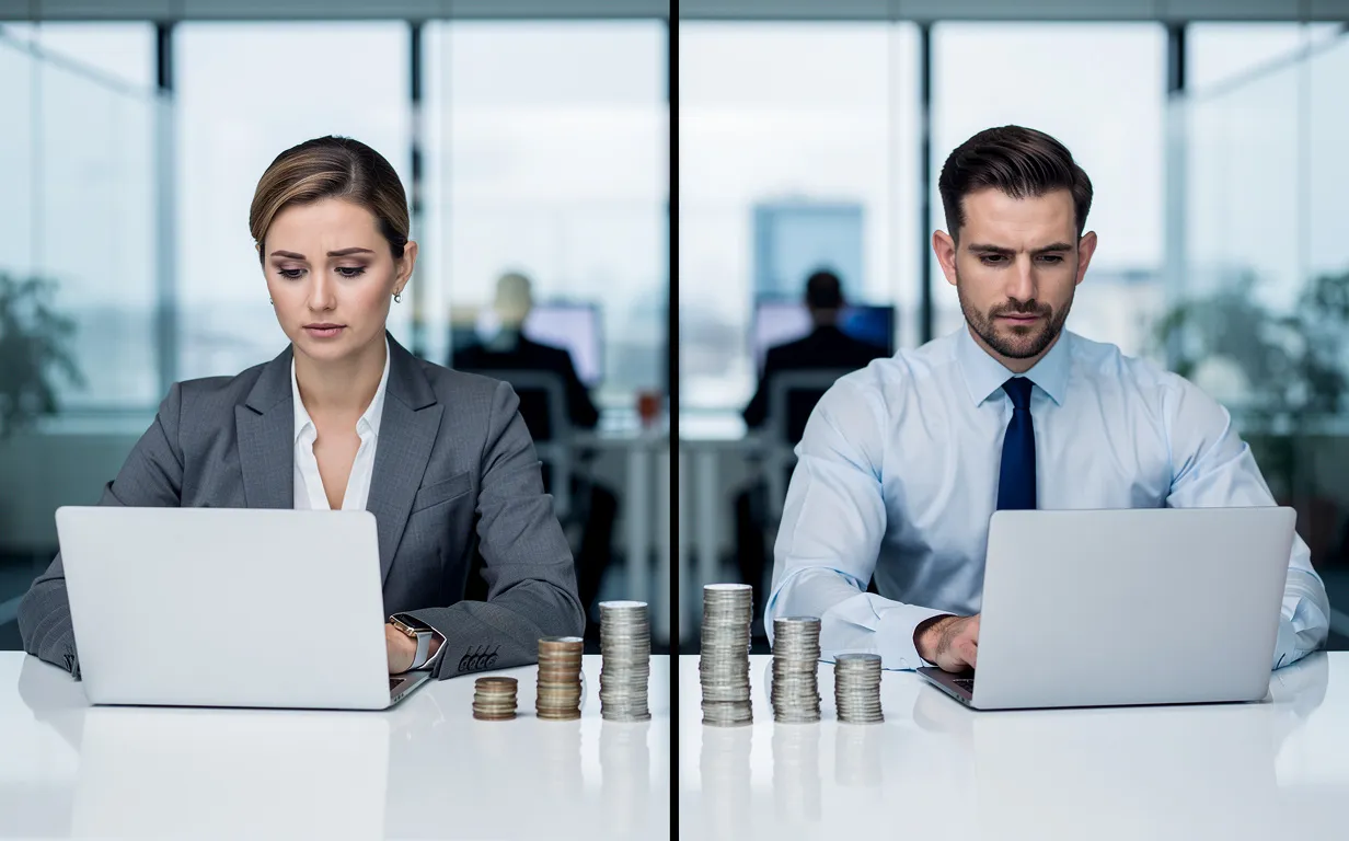Une femme et un homme professionnels travaillent chacun à un bureau, devant deux piles de pièces dont celle de l’homme est plus haute.