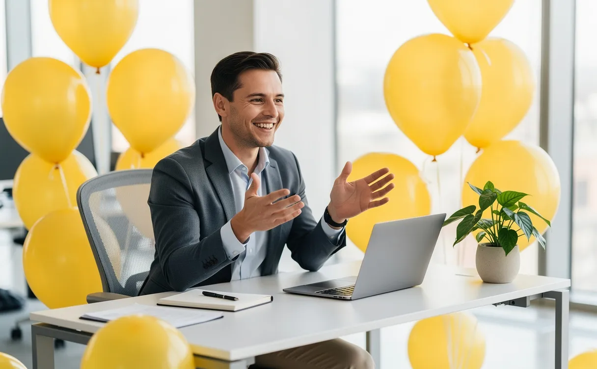 Un employé de bureau souriant est assis à un bureau moderne orné de ballons jaunes et d’une plante, dans un espace lumineux à l’ambiance agréable.