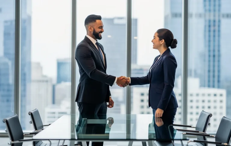 Un professionnel d'affaires serre la main d'un client dans un bureau moderne en verre, les deux souriant.