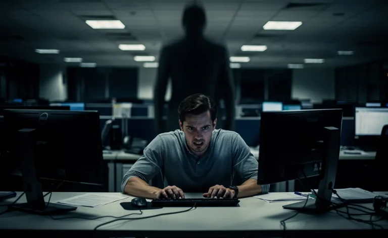 Un employé de bureau assis à son bureau paraît tendu tandis qu’une silhouette floue et sombre se tient derrière lui dans un open space faiblement éclairé.