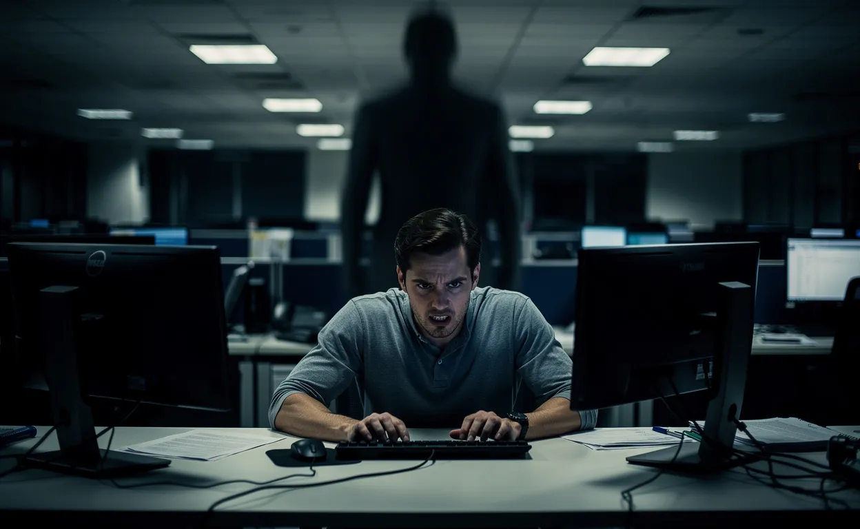 Un employé de bureau assis à son bureau paraît tendu tandis qu’une silhouette floue et sombre se tient derrière lui dans un open space faiblement éclairé.