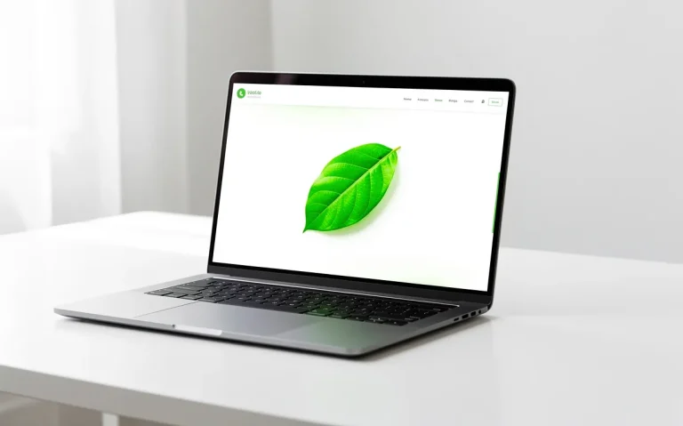 Un ordinateur portable épuré affiche un site web écologique avec une icône de feuille verte sur un bureau blanc baigné de lumière naturelle.