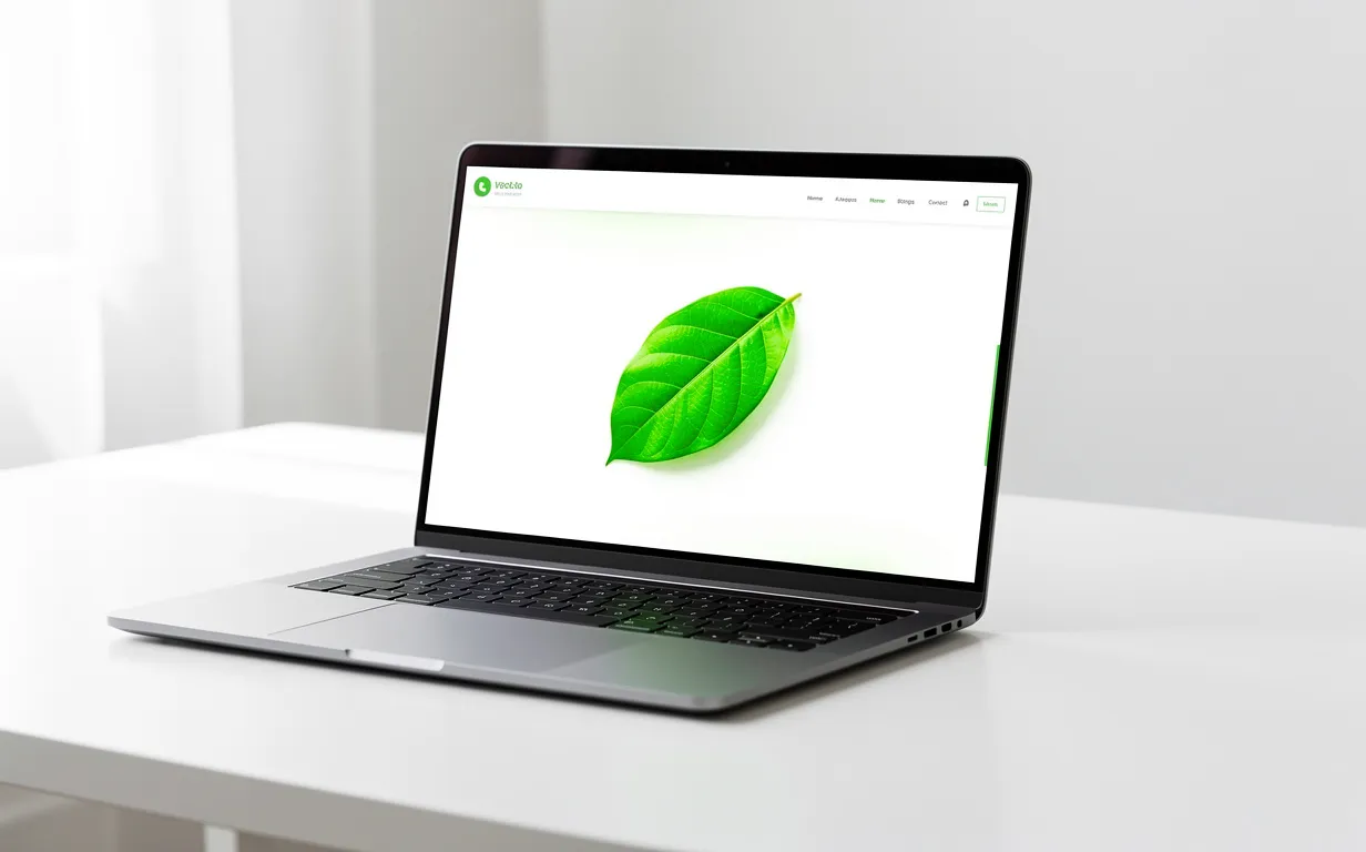 Un ordinateur portable épuré affiche un site web écologique avec une icône de feuille verte sur un bureau blanc baigné de lumière naturelle.