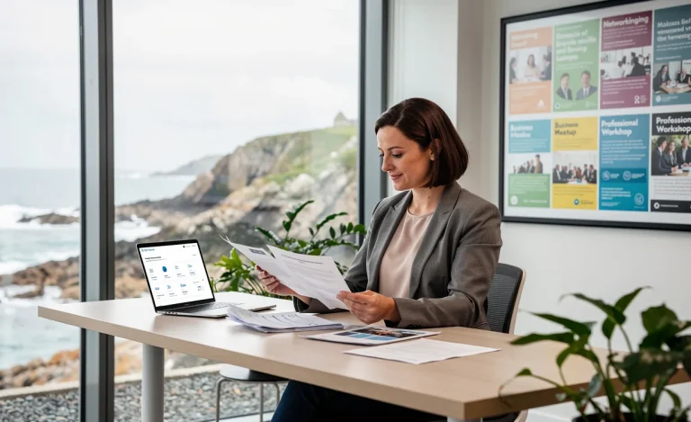 Une femme examine des documents dans un bureau moderne avec vue sur la côte du Finistère, un ordinateur portable posé à côté et un panneau d’affichage rempli d'annonces d'événements en arrière-plan.