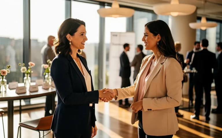 Deux femmes d'affaires échangent une poignée de main dans un espace de travail moderne et lumineux lors d'un événement de réseautage.