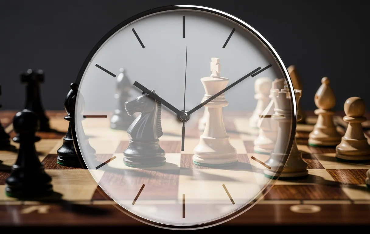 Une horloge moderne apparaît sur un échiquier avec des pièces de jeu disposées de façon stratégique sous un éclairage intense.