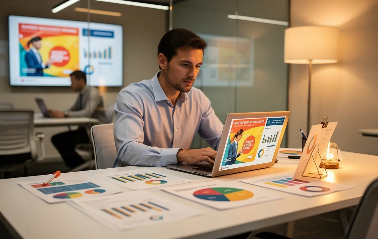 Un professionnel travaille sur un ordinateur portable, entouré de graphiques de marketing et d’infographies colorées dans un bureau moderne.