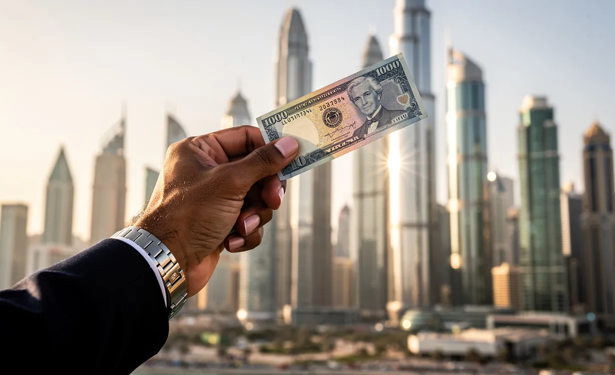 Un billet de banque net tenu par une main devant la skyline étincelante de Dubaï sous la lumière du soleil.