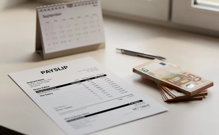 Un bulletin de salaire posé à côté d’une pile de billets en euros sur un bureau épuré avec un calendrier et un stylo, éclairé par la lumière du jour.