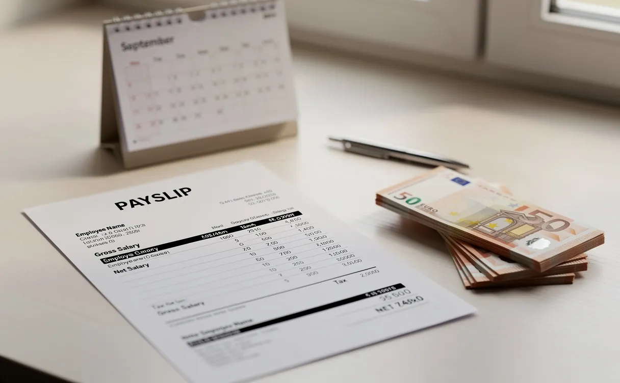 Un bulletin de salaire posé à côté d’une pile de billets en euros sur un bureau épuré avec un calendrier et un stylo, éclairé par la lumière du jour.