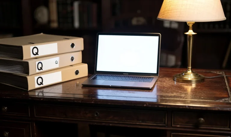 Un bureau en bois ancien avec des dossiers marqués d’un Q, un ordinateur portable allumé et une lampe de bureau, dans une ambiance feutrée.