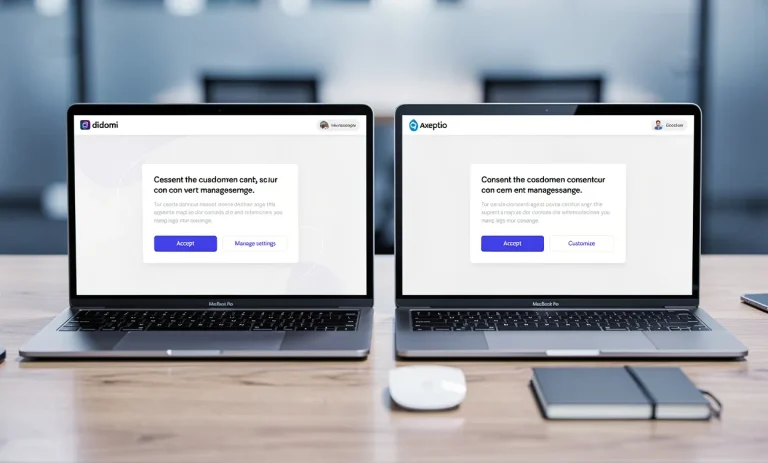 Deux ordinateurs portables côte à côte sur un bureau affichent les interfaces de Didomi et Axeptio devant un arrière-plan de bureau flou à la lumière tamisée.