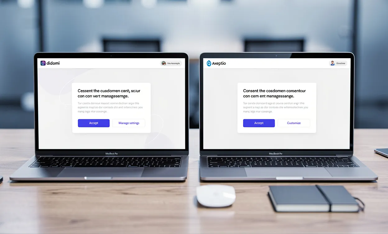 Deux ordinateurs portables côte à côte sur un bureau affichent les interfaces de Didomi et Axeptio devant un arrière-plan de bureau flou à la lumière tamisée.