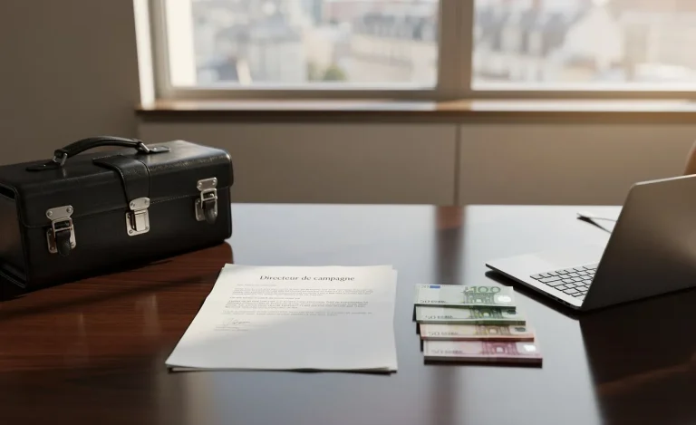 Un bureau moderne avec une serviette fermée, un contrat intitulé "Directeur de campagne", des billets en euros, un ordinateur portable et une lumière naturelle.