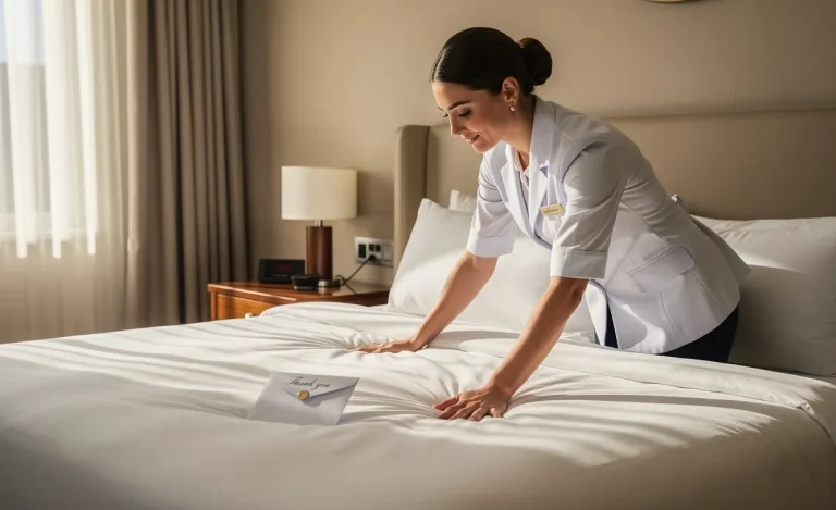 Une femme de chambre en uniforme remet en ordre un lit dans une chambre d'hôtel lumineuse, avec une enveloppe posée sur l'oreiller.