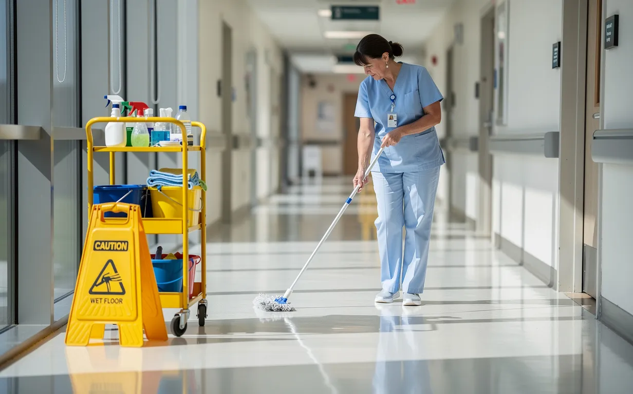 Une femme de ménage en uniforme nettoie un couloir d’hôpital éclairé par la lumière naturelle, avec du matériel de nettoyage à proximité.