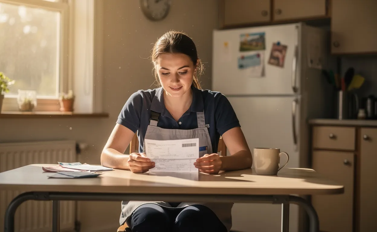 Une femme de ménage en tenue professionnelle est assise à une table de cuisine, regardant son bulletin de salaire sous la lumière naturelle d’une fenêtre.