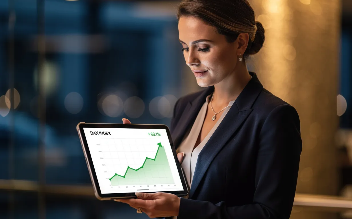 Une femme en tenue professionnelle consulte une tablette affichant un graphique du DAX en hausse sur un fond flou aux nuances bleues et dorées.