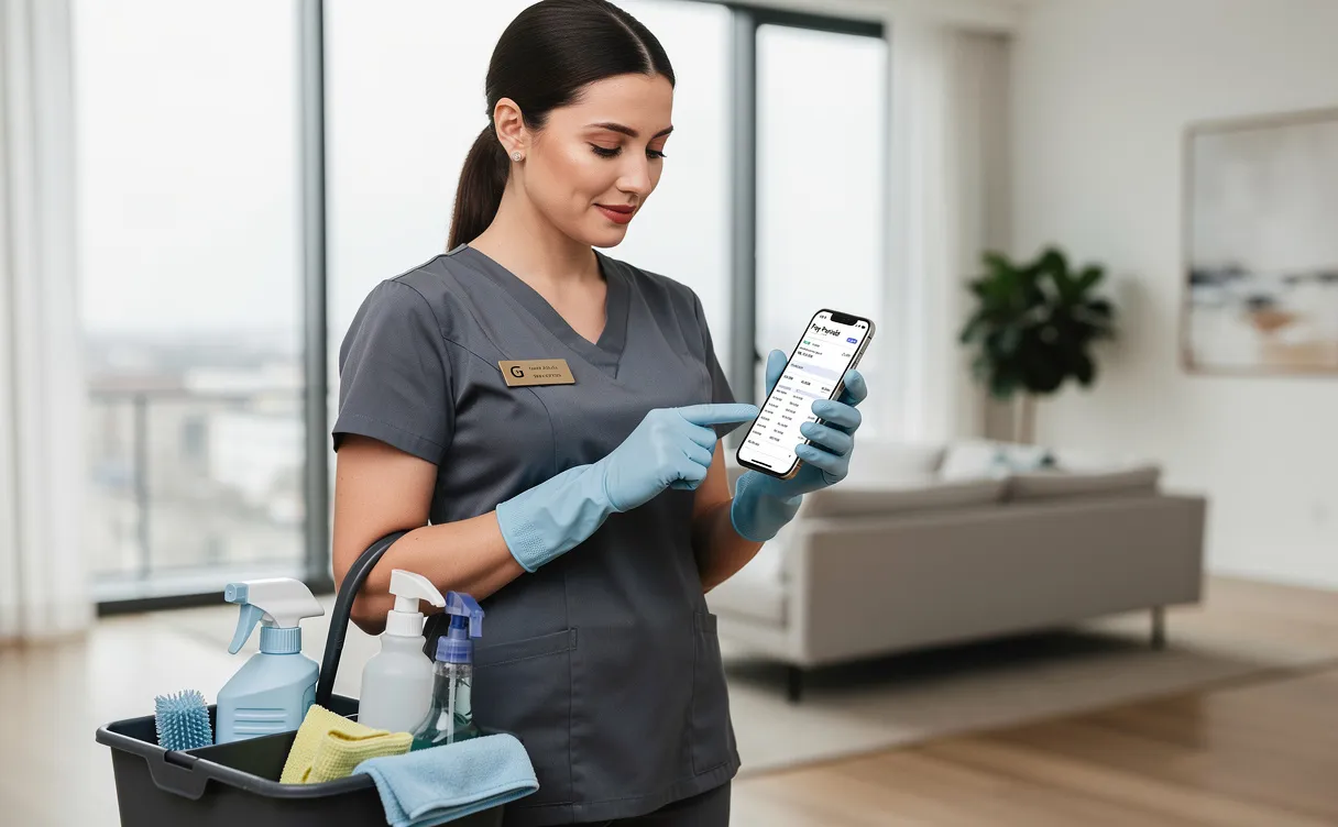 Une femme de ménage examine une fiche de paie numérique sur son téléphone dans un appartement moderne et ordonné, tout en tenant des produits d'entretien.