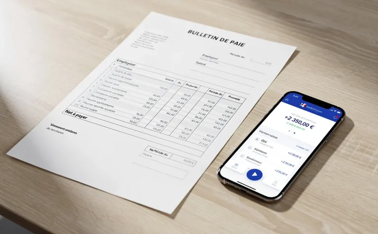 Une fiche de paie française est posée sur un bureau en bois moderne à côté d’un smartphone affichant une application bancaire.