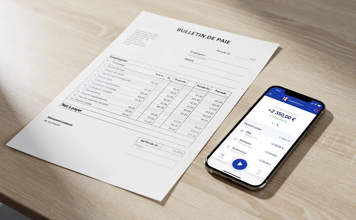 Une fiche de paie française est posée sur un bureau en bois moderne à côté d’un smartphone affichant une application bancaire.