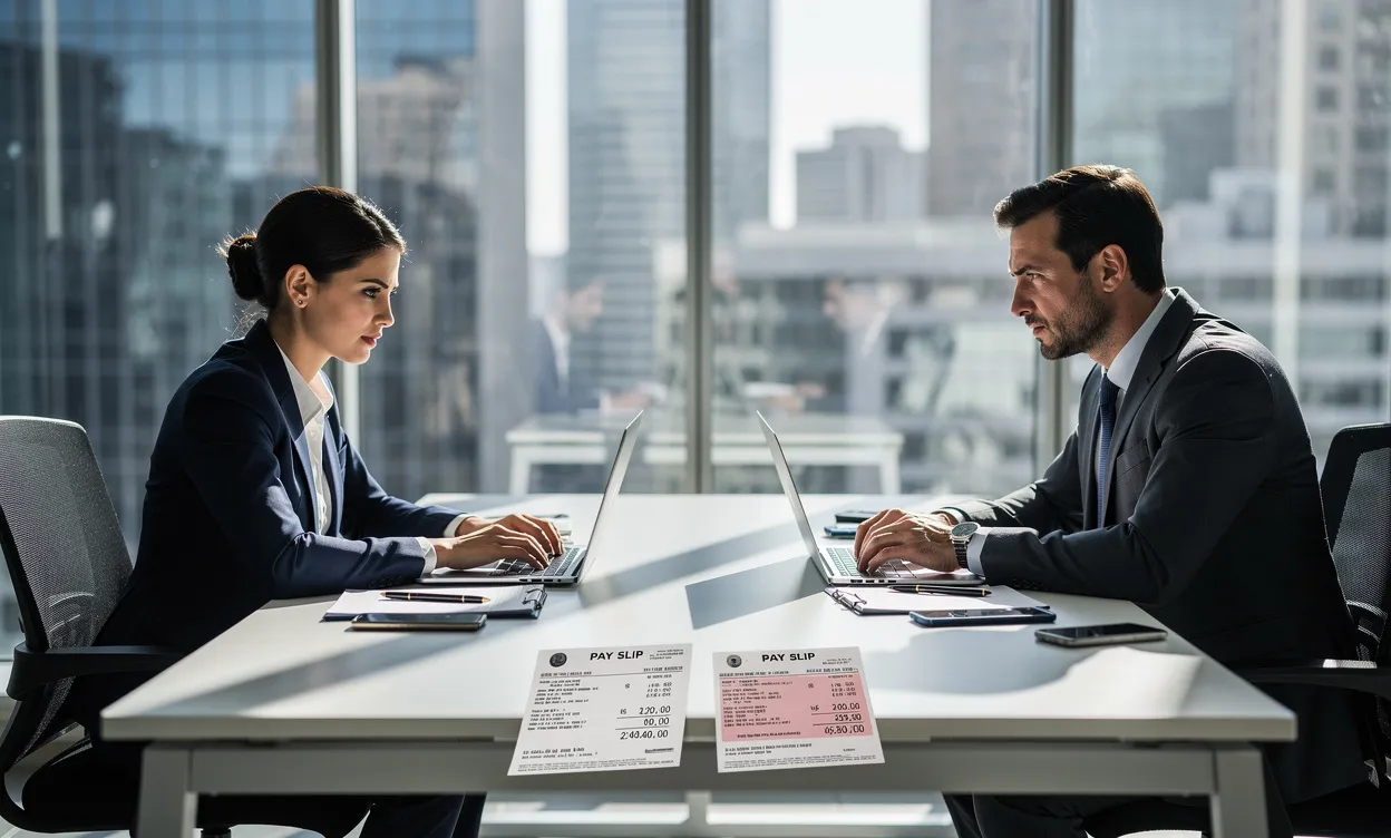 Une femme et un homme d'affaires assis face à face à un bureau avec des fiches de paie indiquant des montants différents, dans un bureau moderne éclairé par de grandes fenêtres.