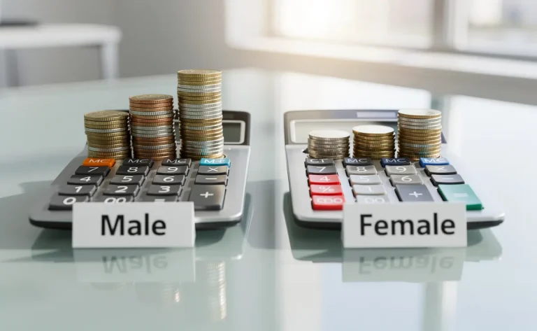Deux calculatrices de bureau posées sur un bureau en verre, l’une avec des piles de pièces marquées « homme » et l’autre avec moins de pièces marquées « femme ».