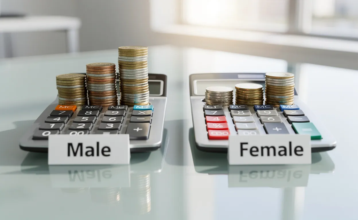 Deux calculatrices de bureau posées sur un bureau en verre, l’une avec des piles de pièces marquées « homme » et l’autre avec moins de pièces marquées « femme ».