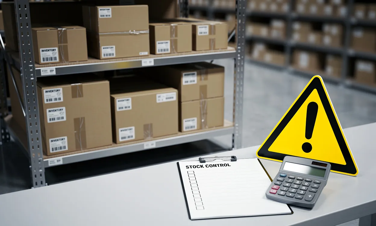Une étagère d’entrepôt avec des cartons empilés, un clipboard, une calculatrice et un symbole d’alerte posés à côté.