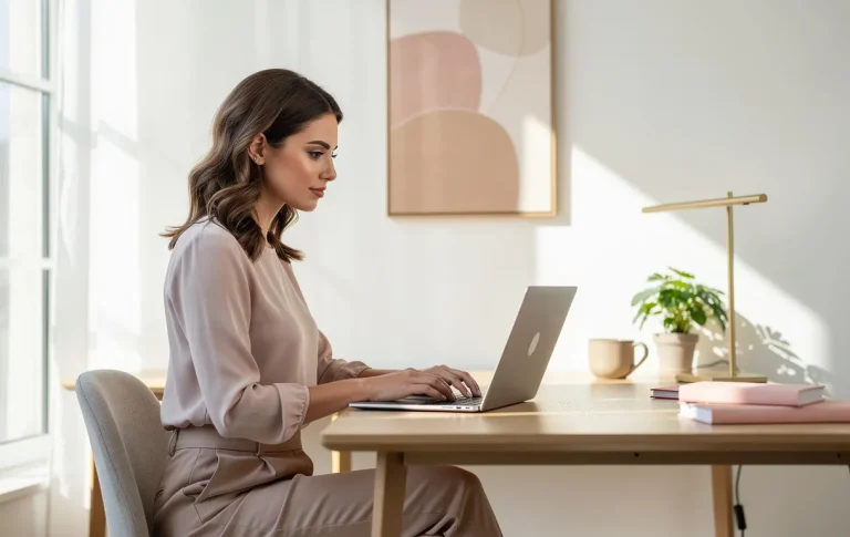 Une jeune femme travaille sur un ordinateur portable dans un espace de travail moderne et lumineux à la décoration épurée et féminine.