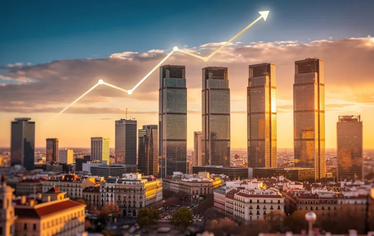 Vue du coucher de soleil sur les gratte-ciel modernes de Madrid, avec des reflets dorés et un graphique ascendant intégré dans les nuages pour illustrer la croissance du PIB espagnol en 2026.