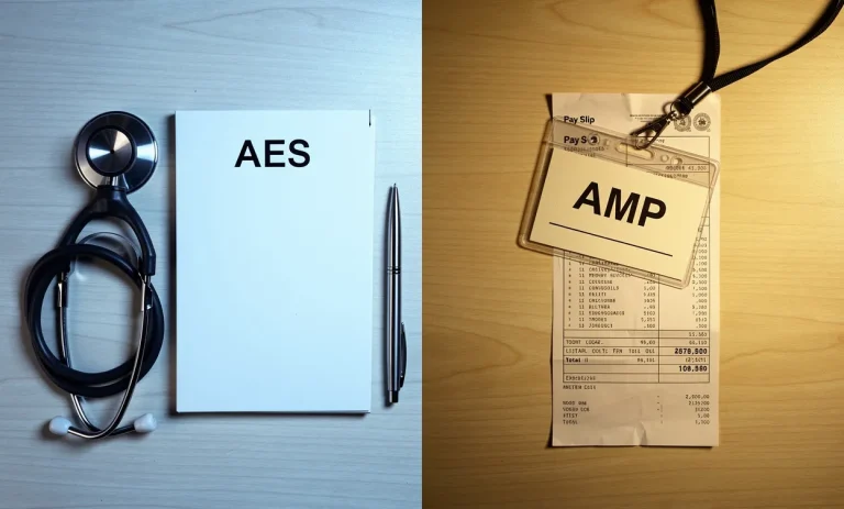 Un bureau divisé en deux avec d’un côté un stéthoscope et un carnet marqué AES, de l’autre un badge AMP posé sur une fiche de paie, éclairés par des lumières froide et chaude.