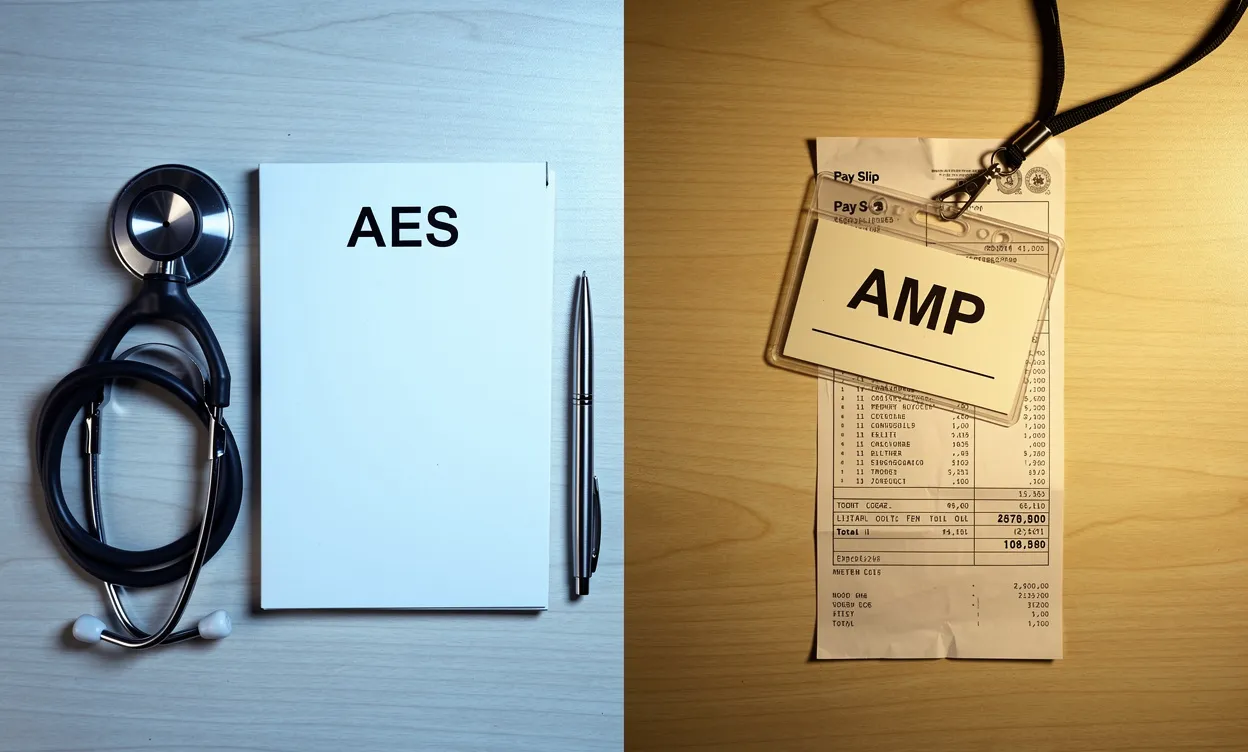 Un bureau divisé en deux avec d’un côté un stéthoscope et un carnet marqué AES, de l’autre un badge AMP posé sur une fiche de paie, éclairés par des lumières froide et chaude.