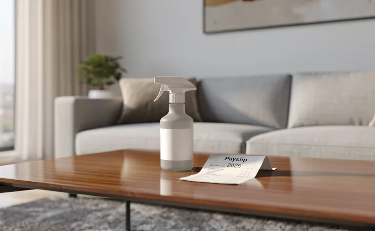 Un salon moderne et ordonné avec un flacon de nettoyant et une fiche de paie 2026 pliée sur une table brillante, éclairé par la lumière du matin.