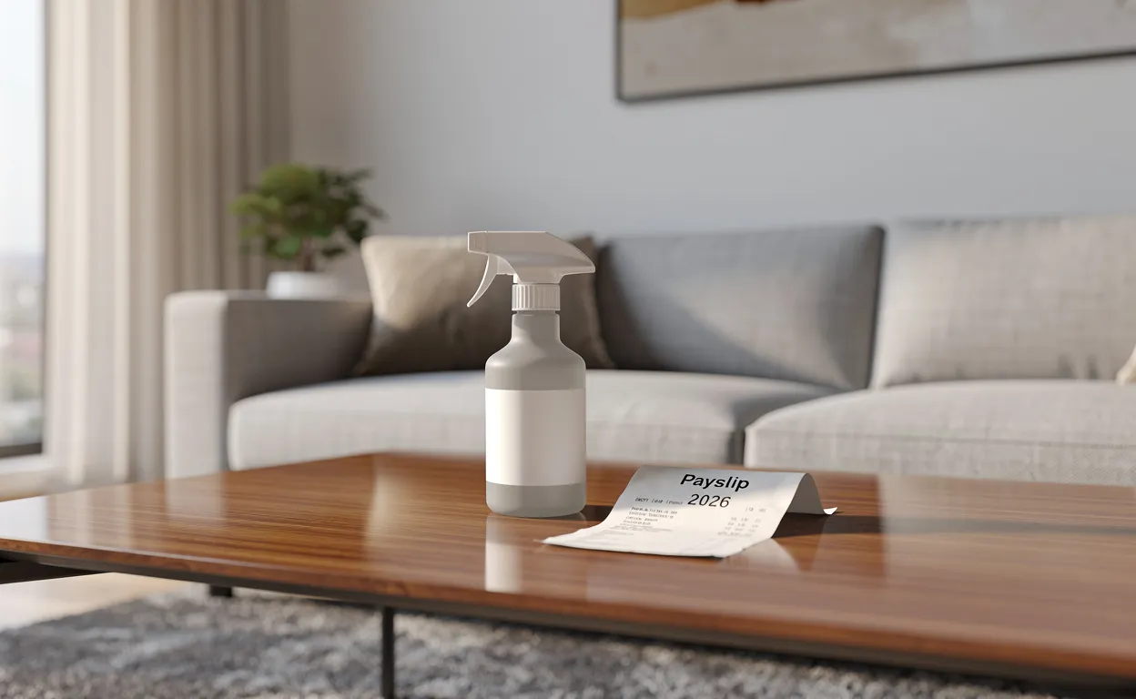 Un salon moderne et ordonné avec un flacon de nettoyant et une fiche de paie 2026 pliée sur une table brillante, éclairé par la lumière du matin.