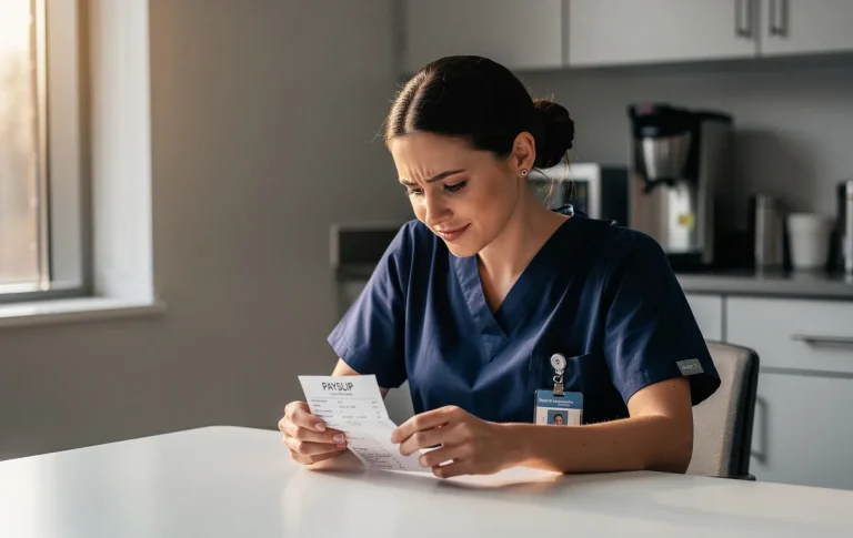 Une jeune sage-femme en blouse bleue examine sa première fiche de paie dans une salle de repos d’hôpital lumineuse.