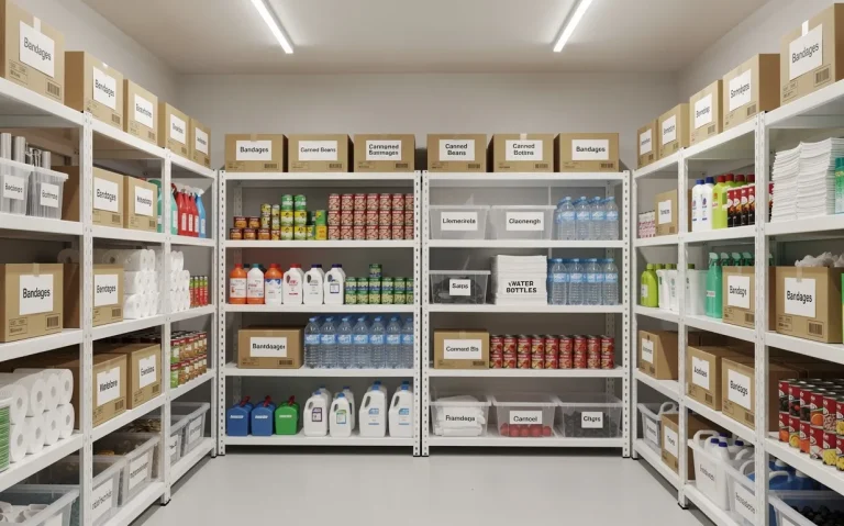 Des étagères bien rangées avec de nombreuses fournitures étiquetées dans une pièce lumineuse et ordonnée.