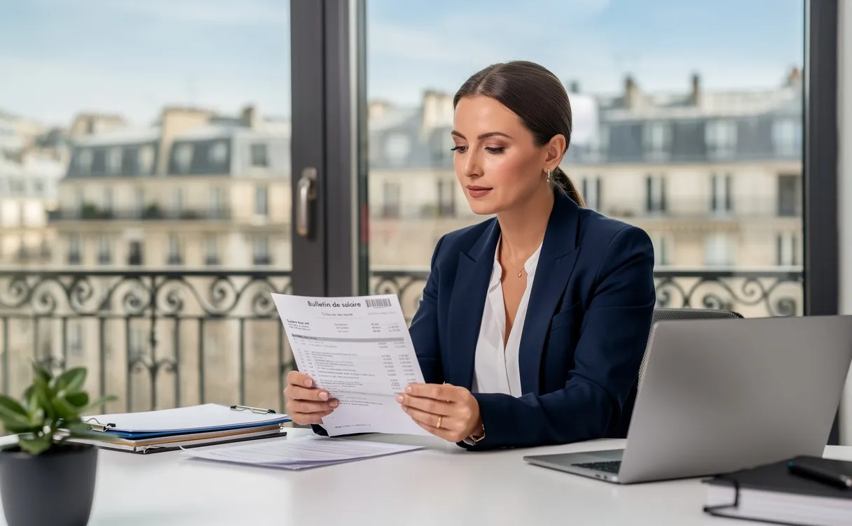 Une femme d’affaires examine attentivement une fiche de paie dans un bureau moderne avec vue sur la ville de Paris.