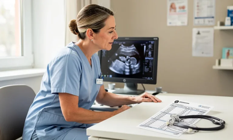 Une sage-femme observe un écran d'échographie dans un cabinet lumineux, avec une fiche de paie et un stéthoscope posés sur le bureau.