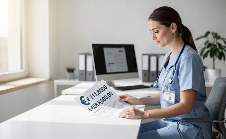 Une sage-femme en tenue médicale moderne examine un document avec un symbole euro et des chiffres de salaire à son bureau, sous une lumière douce.
