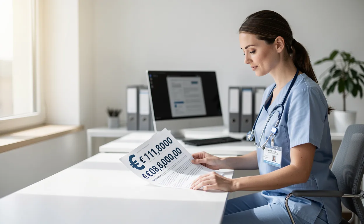 Une sage-femme en tenue médicale moderne examine un document avec un symbole euro et des chiffres de salaire à son bureau, sous une lumière douce.
