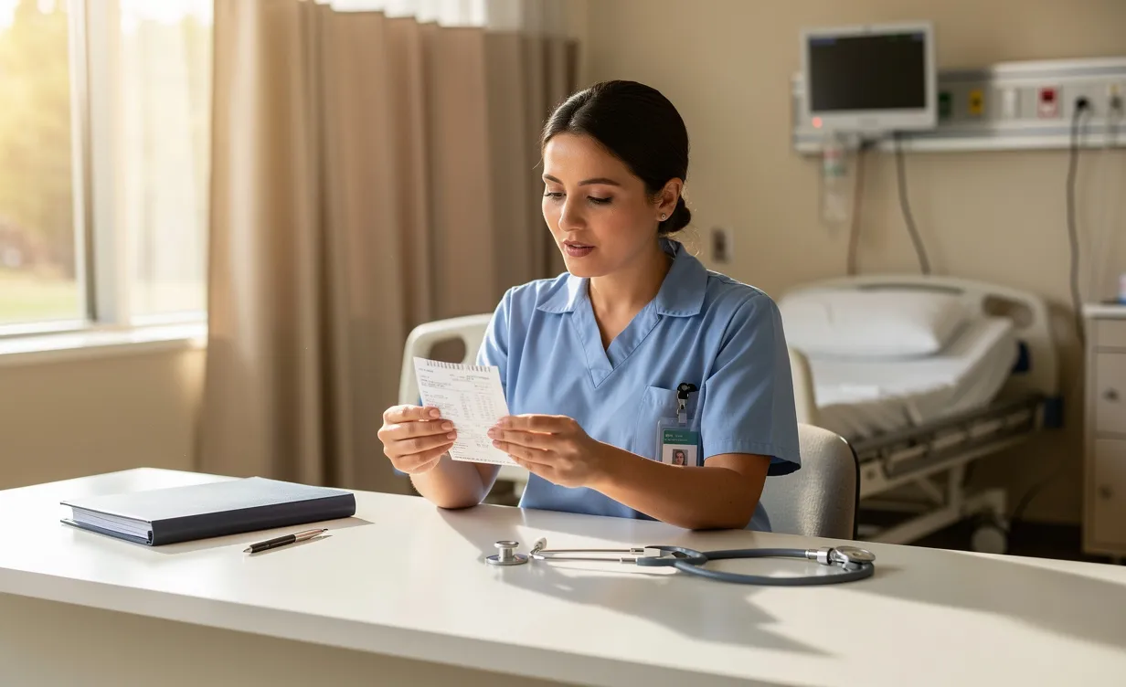 Une sage-femme en tenue médicale examine une fiche de paie et un stéthoscope sur un bureau ordonné dans une chambre d'hôpital ensoleillée.