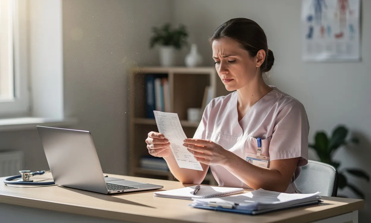 Une sage-femme en tenue médicale observe attentivement une fiche de paie à son bureau, éclairée par la lumière naturelle d’une fenêtre.