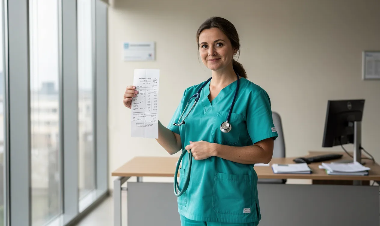 Une sage-femme en blouse tient une fiche de paie et un stéthoscope dans un bureau d’hôpital lumineux.