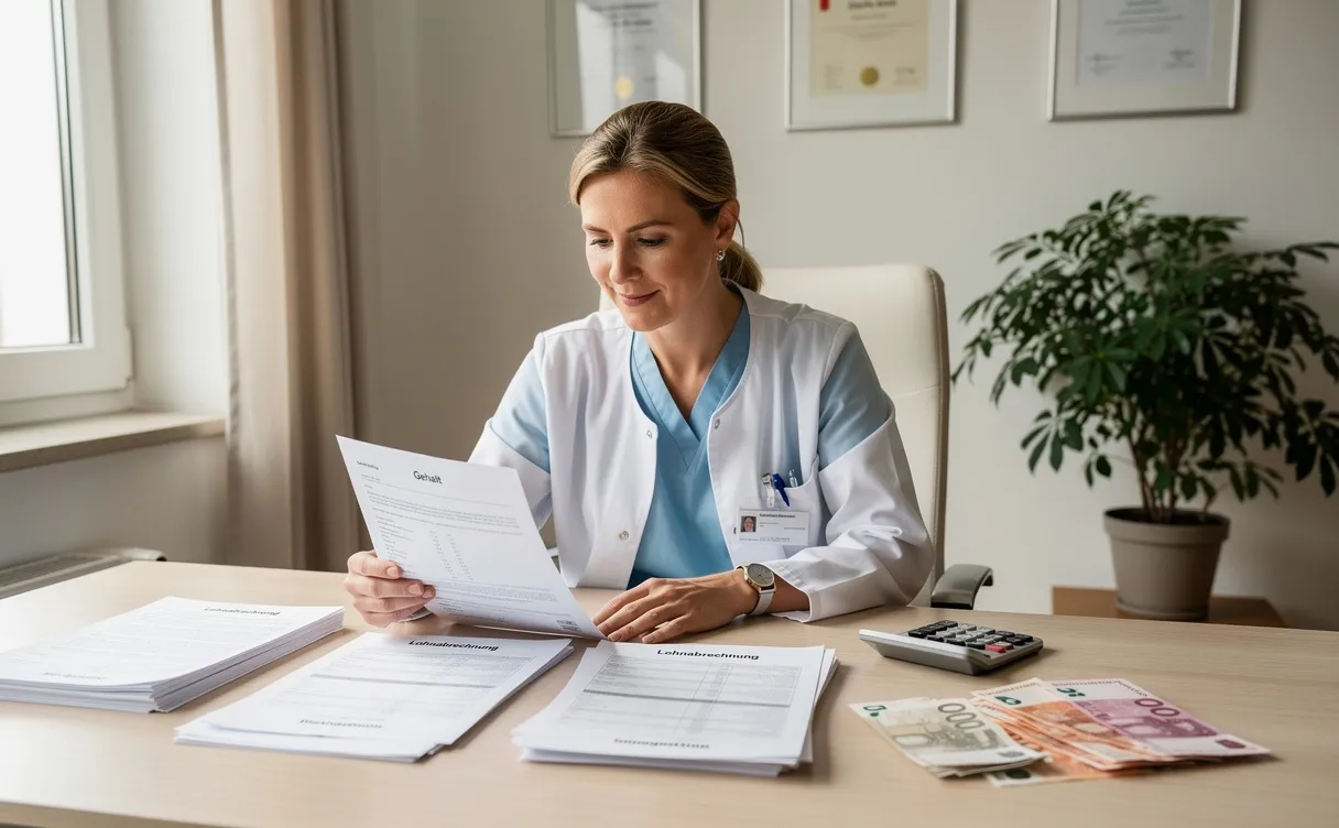 Une sage-femme suisse examine des documents salariaux sur un bureau où reposent des francs suisses dans un cabinet élégant baigné de lumière naturelle.