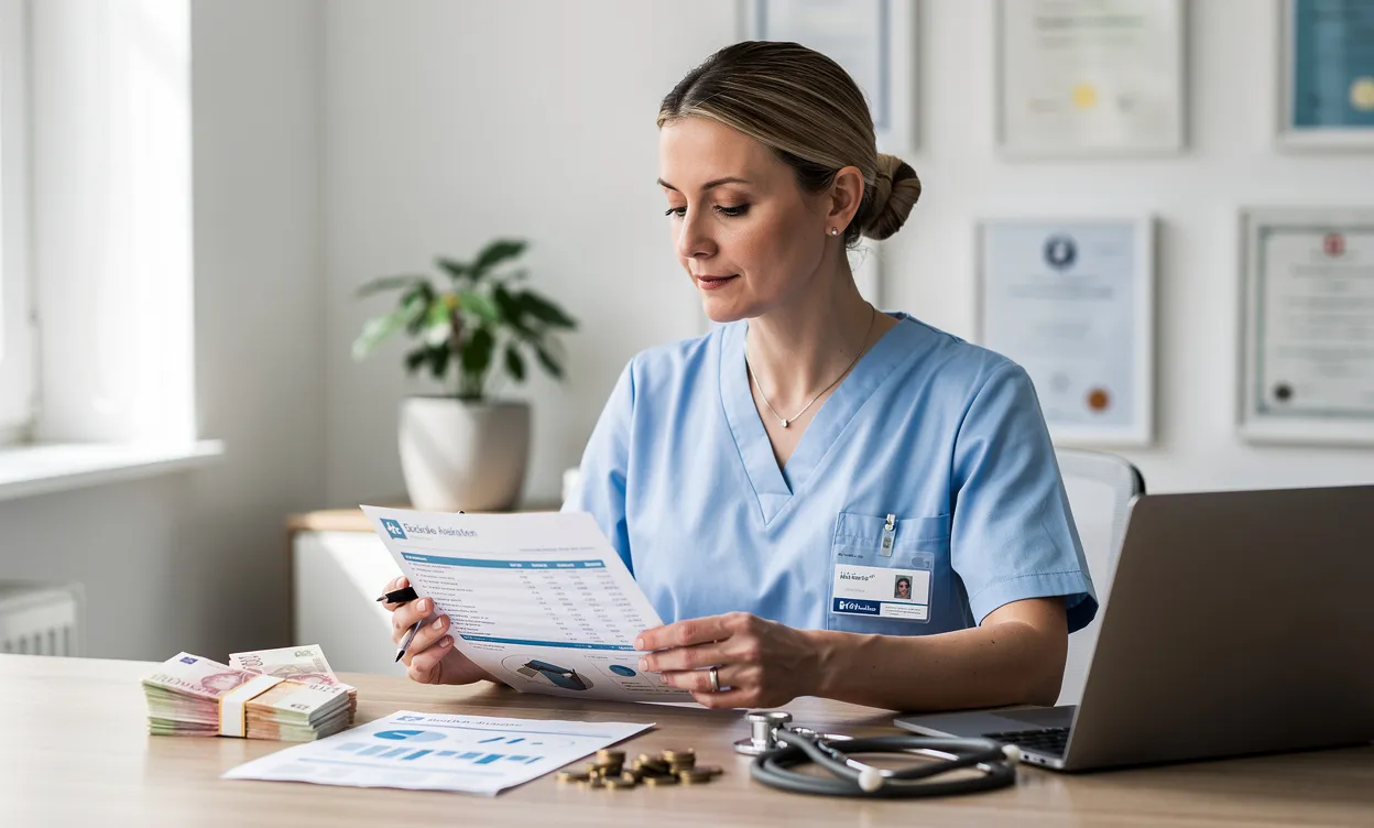 Une sage-femme suisse examine un rapport de salaire à son bureau avec des francs suisses et un stéthoscope à côté, éclairée par la lumière du jour.