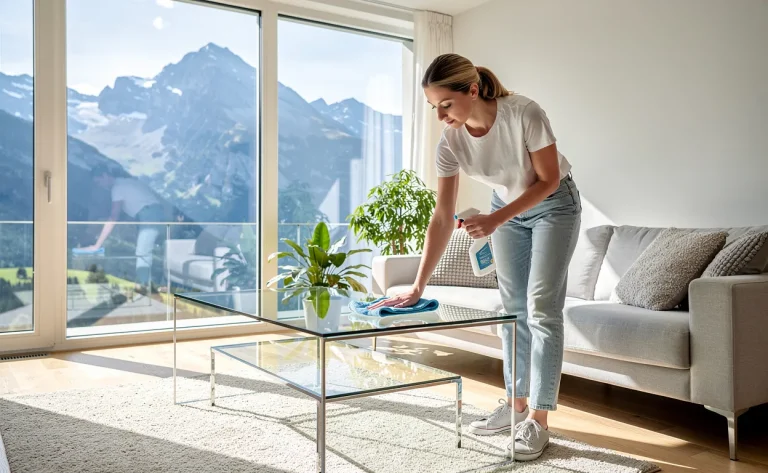 Une femme suisse nettoie un salon moderne baigné de lumière naturelle, avec des montagnes alpines visibles par de larges fenêtres.